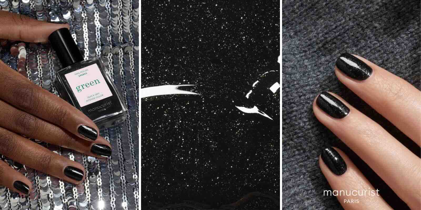 Sparks, vernis noir intense avec paillettes argentées GREEN™ Manucurist – ongles brillants – l’Officina Paris